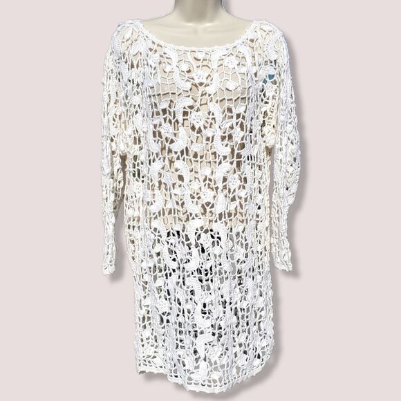 Express Handmade Essentials Off White Cream Crochet Lace Open Knit Tunic Dress - Picture 1 of 7